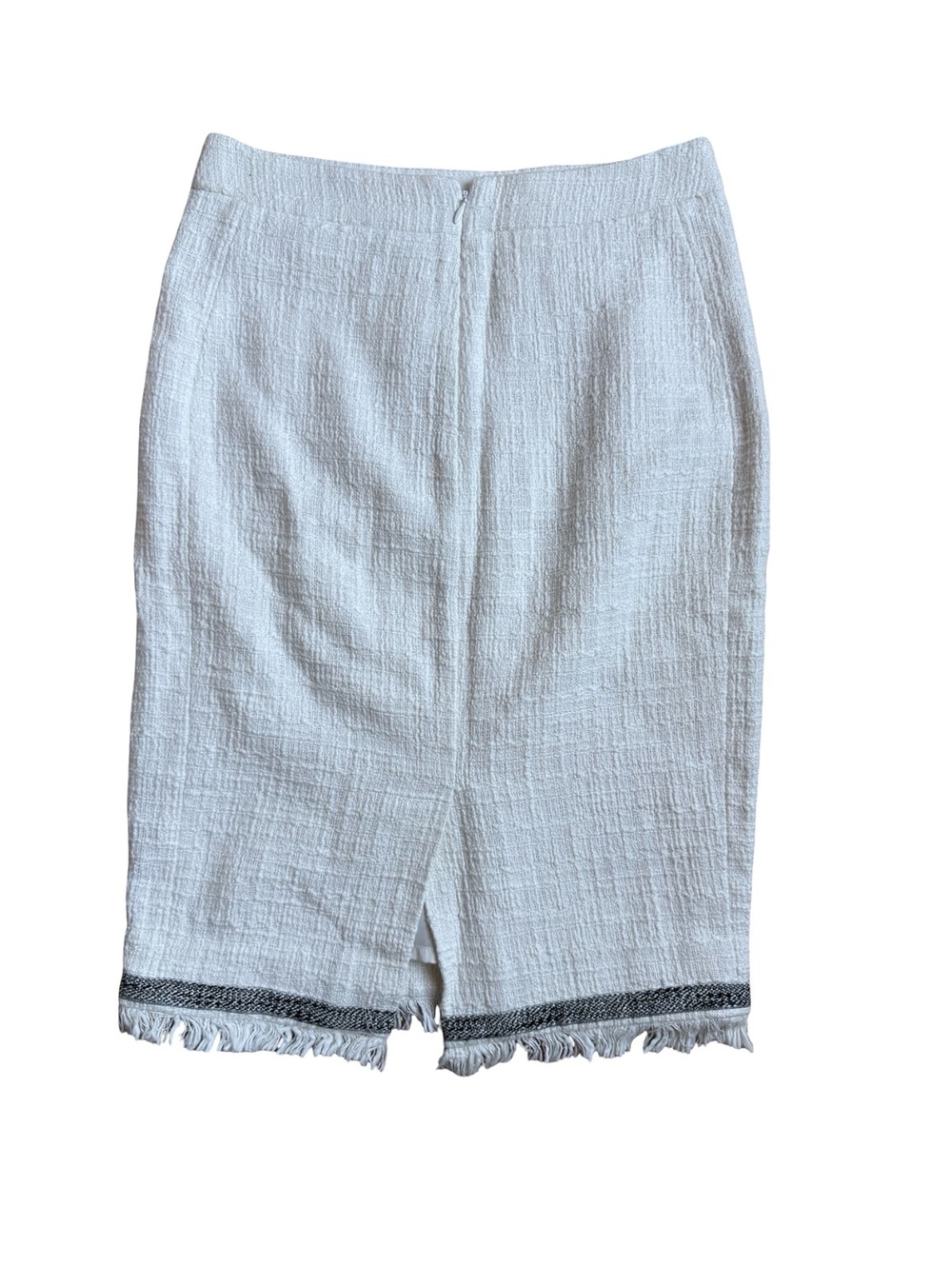 J.Crew White Textured Pencil Skirt with Fringe and Black Trim, Size 0 - Picture 5 of 5